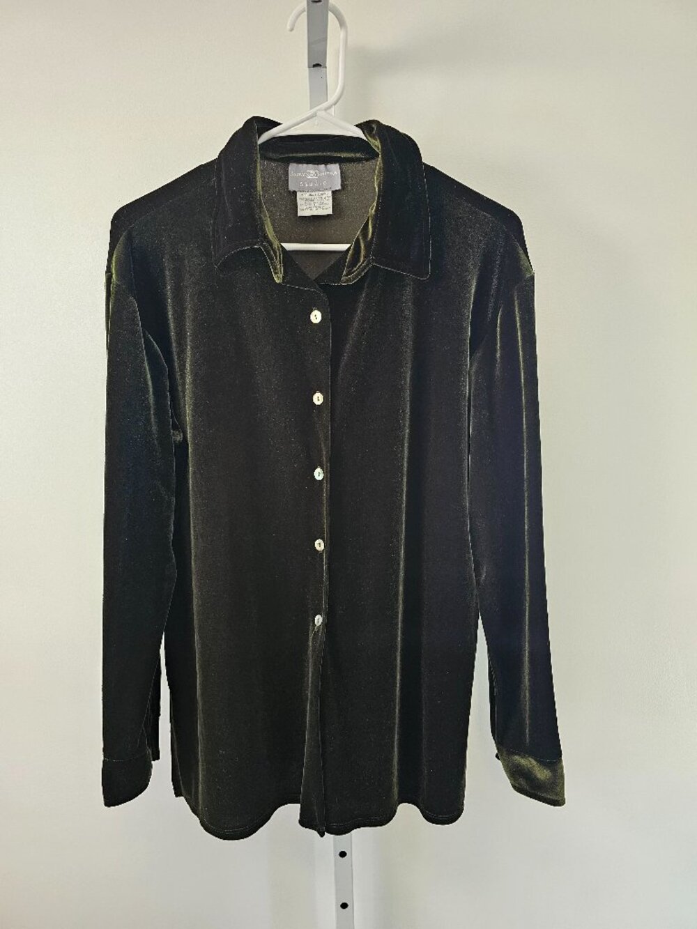 Vintage Jaclyn Smith Shirt Green Velour Button Up Minimalist Casual Goth M